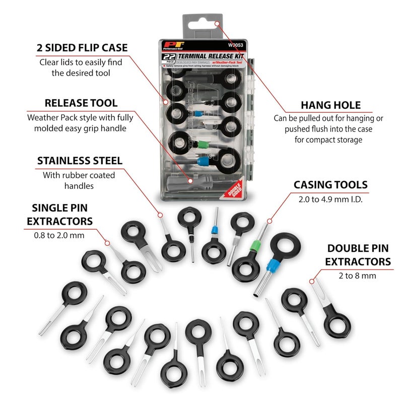Performance Tool W9053 22 pc. Quick Release Terminal Release Kit With Weather Pack Tool & 2 Sided Flip Storage Case - Image 2